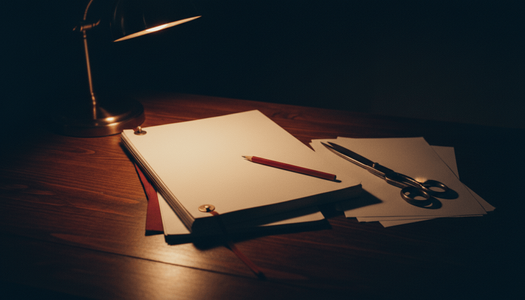 A thick screenplay manuscript beside a smaller stack of removed pages, a red pencil and scissors on a desk at night