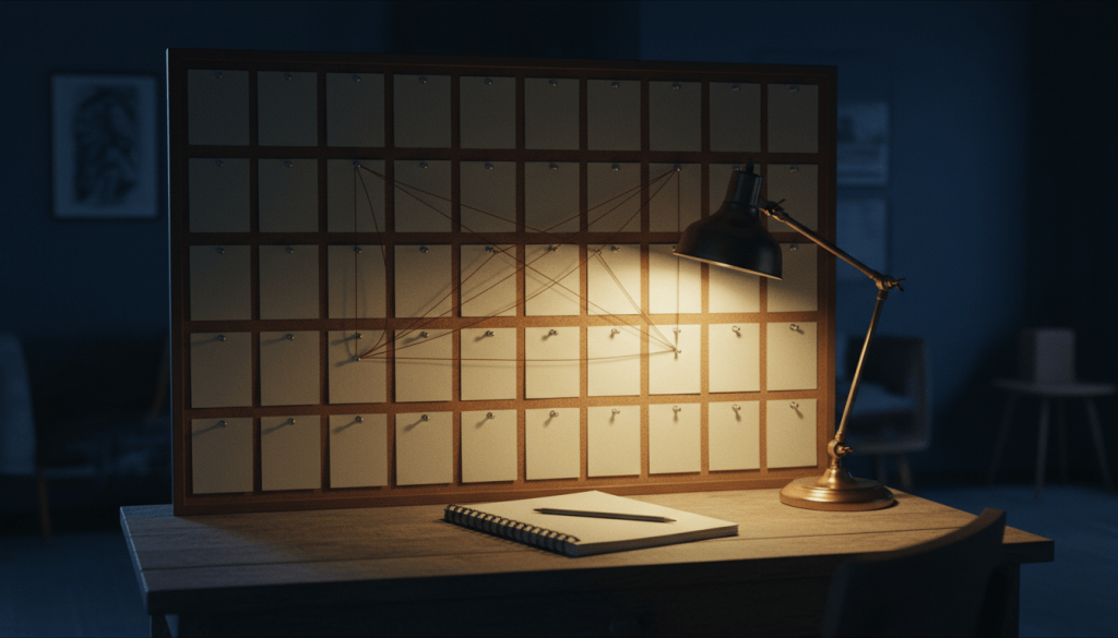 Blank index cards pinned in rows on a corkboard above a writer's desk at night, lit by a desk lamp